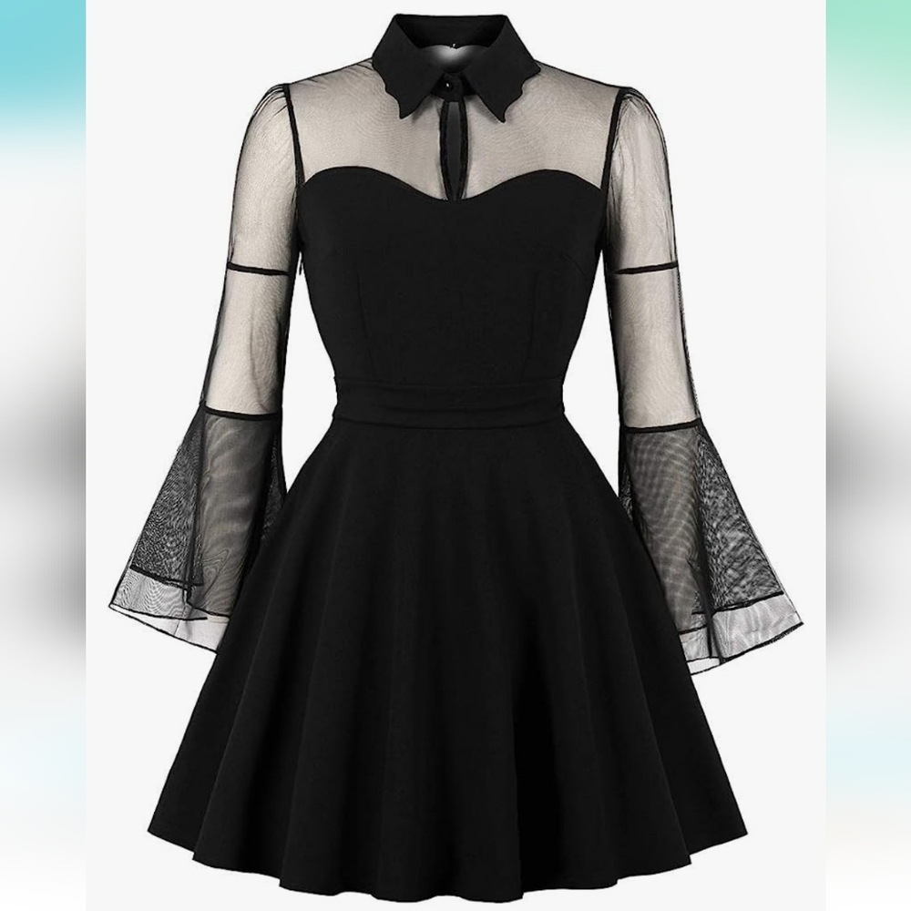 NWOT Women's Keyhole Mesh Bell Long Sleeve Gothic Cocktail Dress